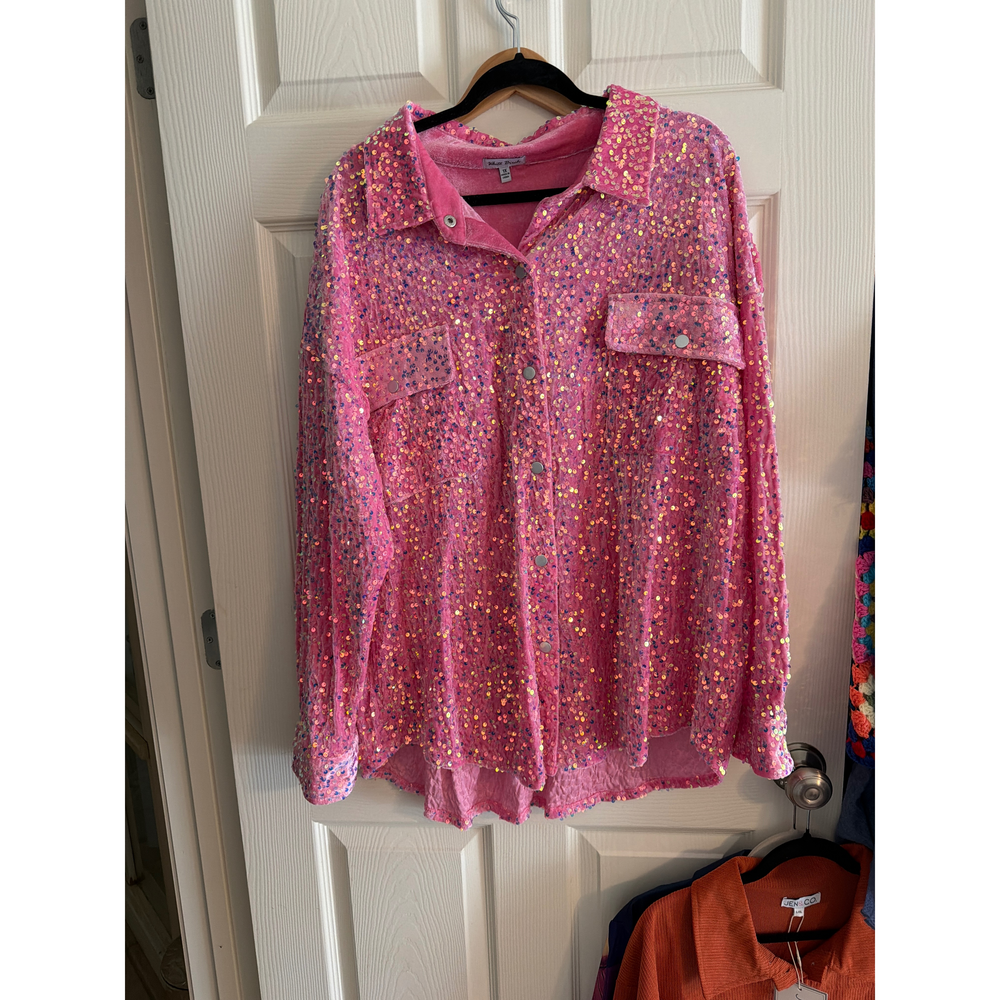 White Birch, User: None White Birch Pink Sequin Button-Down Top - Picture 1 of 2